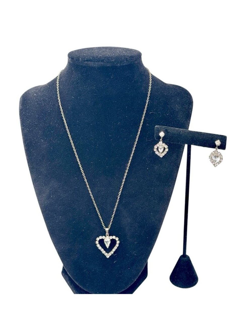 Vintage Rhinestone Necklace and Earrings Set Heart Teardrop Dangle Prom Wedding